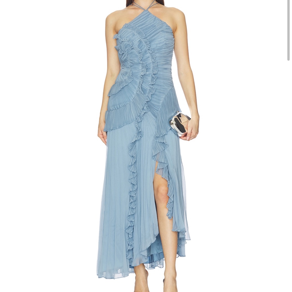 Amur Lorelie Pleated Halter Dress In Tropical Dusk Blue
